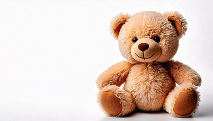 Obraz premium Cute cartoon teddy bear doll for babies and children. Fluffy soft stuffed toy. isolated on white background with copy space. Beige and brown color for a boy child