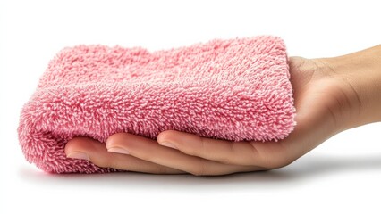 Soft pink cloth in hand for cleaning or drying tasks