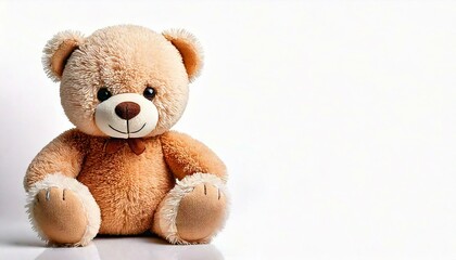 Obraz premium Cute cartoon teddy bear doll for babies and children. Fluffy soft stuffed toy. isolated on white background with copy space. Beige and brown color for a boy child