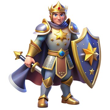 Caballero de fantas&iacute;a 3D sosteniendo espada y escudo con armadura, personaje guerrero medieval en pose heroica