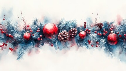 Watercolor Christmas garland with red baubles, pine cones, and berries on snowy branches.