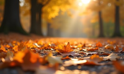 Autumn leaves in a colorful forest under sunlight, Generative Ai