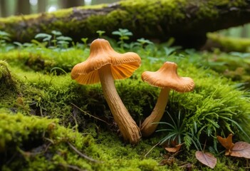 Two false chanterelle mushrooms on green moss