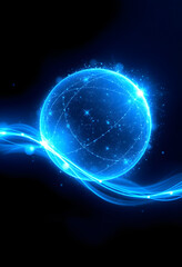 Obraz premium Abstract blue energy sphere of particles and waves of magical glowing on a dark background, grunge, with white tones