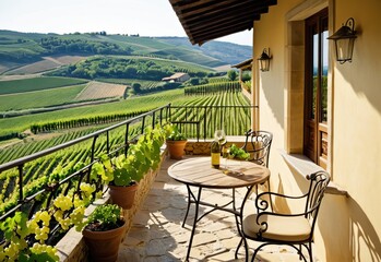 A rustic eco-hotel balcony reflecting the charm of an Italian vineyard, with stone flooring, wrought-iron railings and climbing vines of grape and flowering plants