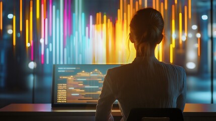Female professional analyzing data on a computer screen, surrounded by colorful graphics and digital statistics, working in a modern office environment to gain insights through data visualization