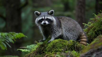 Fototapeta premium Cute raccoon with furry coat and bright eyes foraging in a mossy forest, surrounded by vibrant woodland nature, captured in a close-up wildlife photography scene showcasing its natural habitat