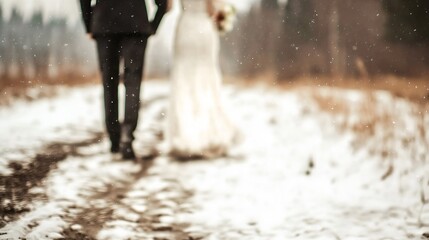 Newlyweds walking hand in hand along a snowy path, the bride in a flowing bridal gown holding a flower bouquet, celebrating love and togetherness in a picturesque winter wedding scene