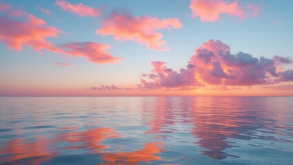 Fototapeta premium Stunning Sunset Over Calm Ocean With Colorful Clouds Reflecting on Water