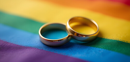 Close-up of two golden wedding rings on a rainbow flag, Legalization of same-sex marriages. Rainbow flag and wedding rings. symbolizing diversity LGBTQ concept