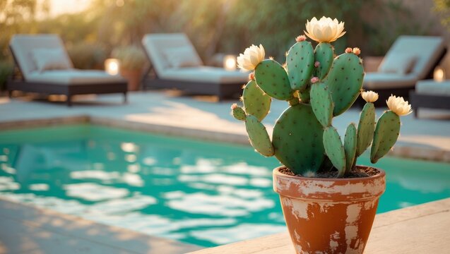 Prickly Pear Cactus in a Terracotta Pot by a Refreshing Poolside Setting