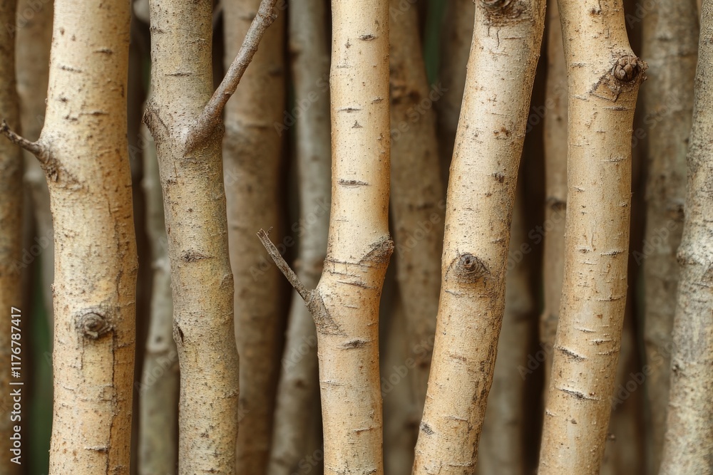 Poster a close-up view showcasing a collection of wooden sticks with varying textures and hues, highlightin