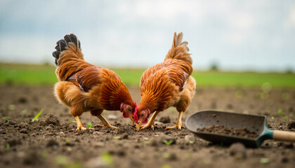 Fototapeta premium Chickens foraging in open field under cloudy sky, natural interaction