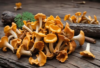 A pile of golden chanterelle mushrooms on a wooden surface