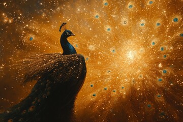 A magnificent peacock radiates amidst a cosmic explosion of colors and lights, representing beauty, elegance, and the majesty of nature intertwined with the universe.