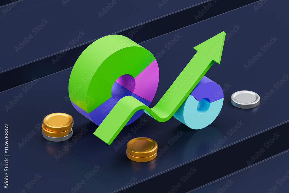Poster colorful pie chart and arrow symbolizing growth and analysis on dark background. 3d rendering