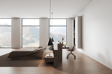 Modern minimalist bedroom with panoramic windows and wooden flooring. 3D Rendering
