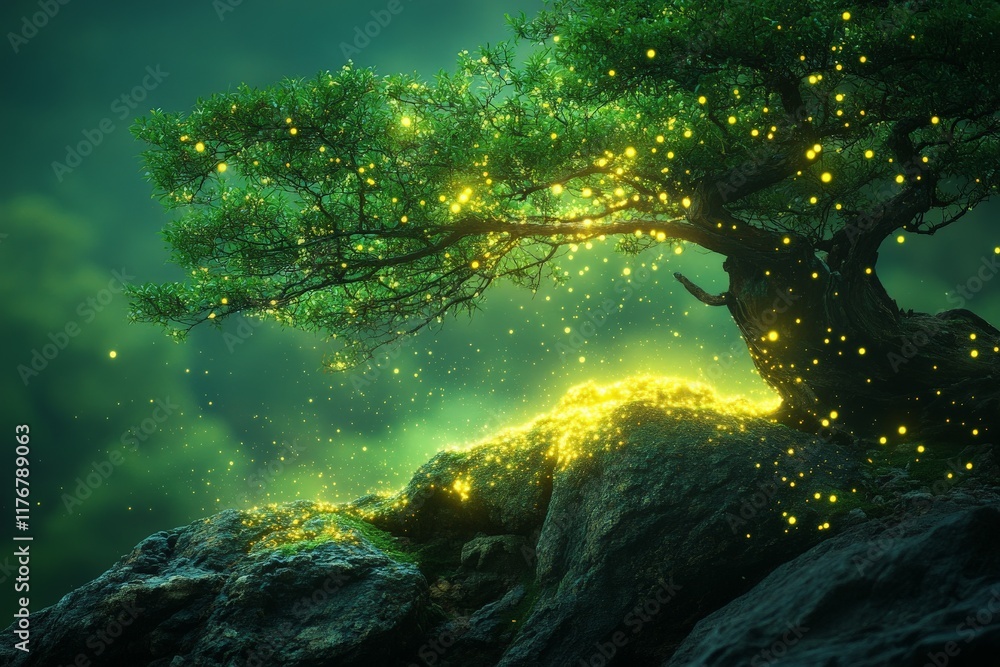 Poster A serene image of a tree illuminated with magical glowing lights, surrounded by rocks and a misty atmosphere, evoking a sense of wonder and tranquility in nature.