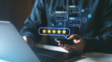 Customer review and feedback concept with person using smartphone and laptop displaying five-star rating icons.