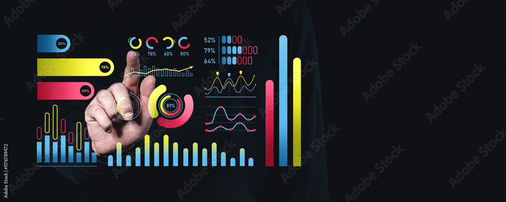 Poster interactive data visualization with colorful digital charts and graphs.