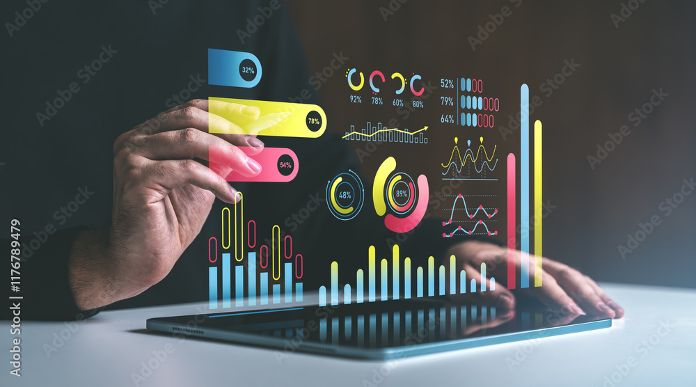 Poster interactive data visualization with holographic charts and graphs.