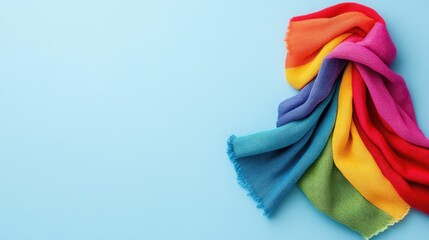 Vibrant Rainbow Scarf Draped on Blue Background for Fashion and Textiles Imagery