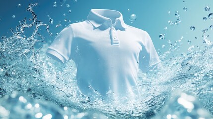 Floating white polo shirt in splashing water background