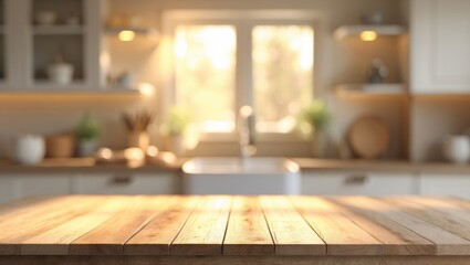Cozy Kitchen Interior with Blurred Background and Warm Wooden Table Top in Natural Light