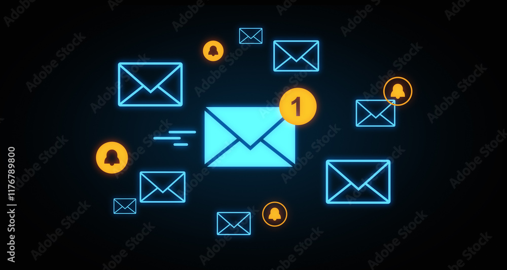Poster neon email icons with notification alerts on dark background. 3d rendering