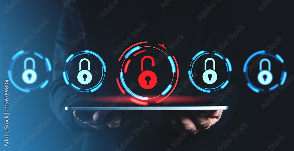 Poster digital padlocks and a red unlocked symbol above a tablet, representing cybersecurity and hacking co