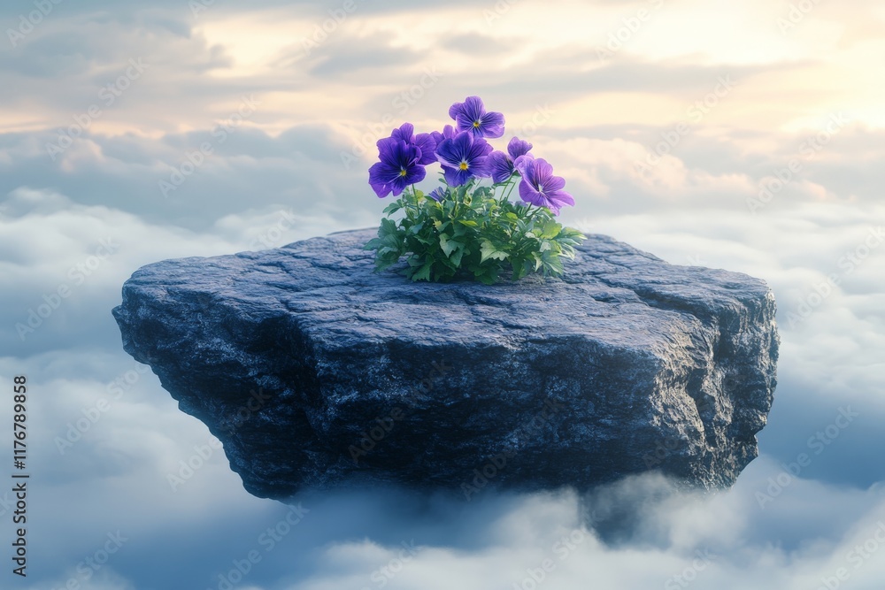 Poster A vibrant cluster of purple flowers rests on a floating rock, creating a surreal image that inspires thoughts of isolation and serenity in a whimsical world.