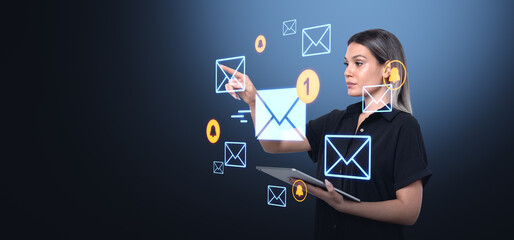 Woman interacting with digital email interface on blue backgroun