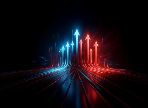 Glowing red and blue arrows ascend from a dark, reflective surface, creating a dynamic, upward visual path.  The contrasting colors suggest opposing forces or choices.