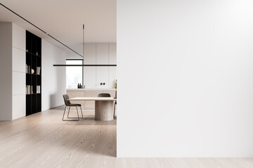 Minimalist dining area with a blank wall for mockup or copy space. 3D Rendering
