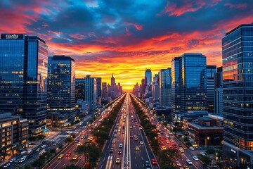 Fototapeta premium A vibrant cityscape featuring a bustling highway with moving cars, modern glass skyscrapers, and a vivid sunset sky. Urban sunset concept. Ai generative