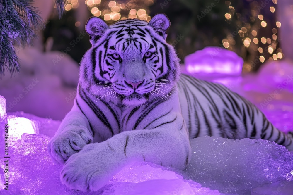 Poster a stunning white tiger rests on shimmering ice, illuminated by soft purple lights, creating an encha