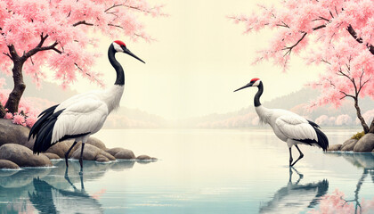Obraz premium Cranes walking by tranquil lakeside with cherry blossoms, serene beauty