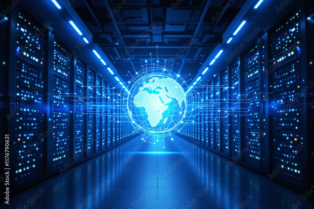 Aufkleber a glowing digital globe displayed in a modern data center with illuminated servers, futuristic style
