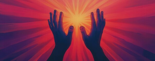 Vibrant hands reaching for a glowing star surrounded by radiant beams, symbolizing ambition and goals, motivation concept, new heights