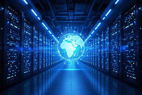 A glowing digital globe displayed in a modern data center with illuminated servers, futuristic style, blue lighting, concept of global connectivity. Ai generative - Powered by Adobe
