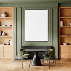 Blank poster mockup in an elegant dining room with green walls and wooden furniture. 3D Rendering