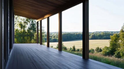 A modern wooden veranda overlooks a green field, with a sunny sky in the background. The outdoor terrace offers a peaceful, empty space for relaxation or yoga.