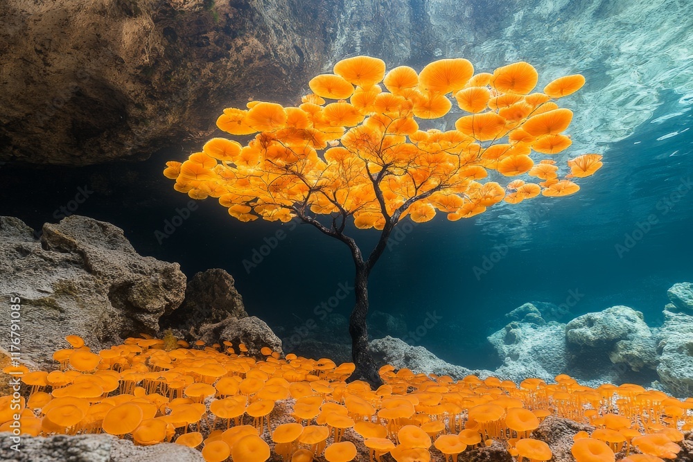 Poster an enchanting underwater scene features a vibrant orange tree surrounded by luminous jellyfish, crea
