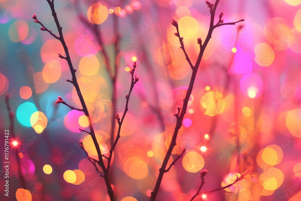 Poster This vibrant image features delicate branches set against a colorful bokeh background, evoking feelings of joy and creativity, and celebrating the beauty of abstraction in art.