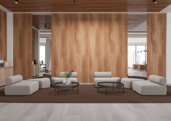 Modern office interior with wooden walls, open space, and minimalist furnishings. 3D Rendering