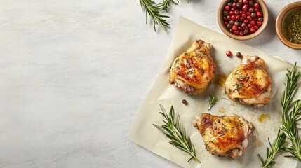 Succulent Roasted Chicken Thighs with Fresh Herbs and Spices on a Light Background with Colorful Berries and Olive Oil Dip on the Side