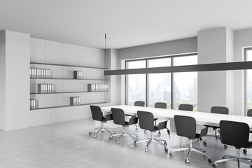 Modern office interior with large table and chairs, minimalist design and panoramic windows overlooking a cityscape. 3D Rendering