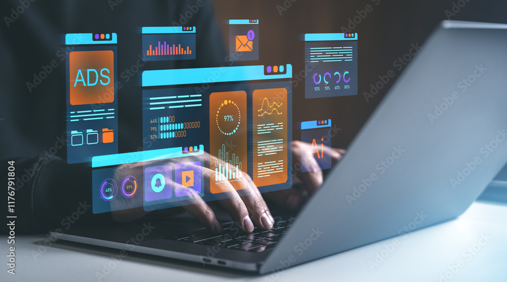 Poster digital analytics interface with hands typing on a laptop keyboard.