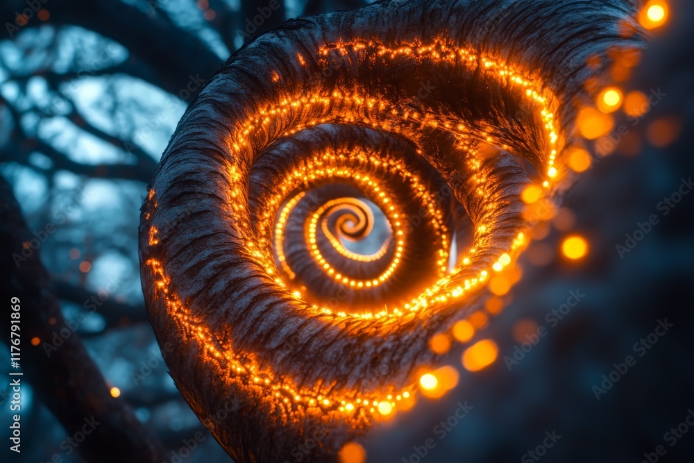 Aufkleber This enchanting image features a spiraling tree trunk illuminated by glowing orange lights, creating a magical and mystical atmosphere in the forest setting.