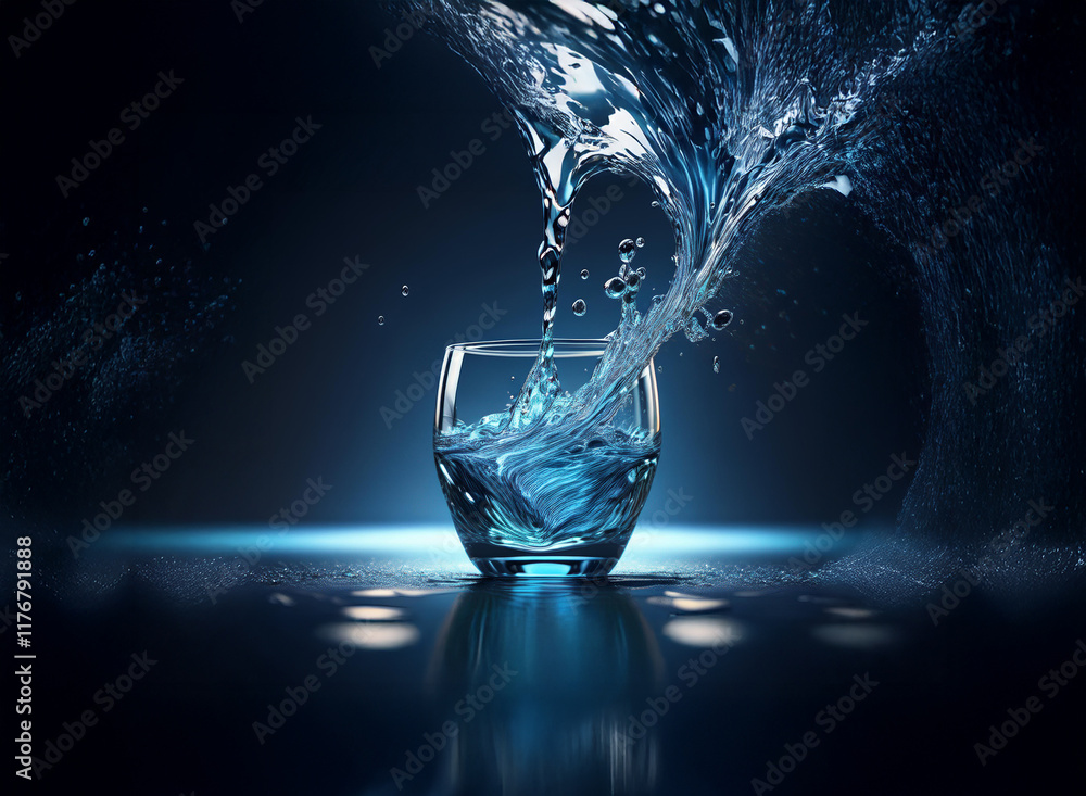 Poster dynamic splash of water pouring into a glass, creating a wave-like effect. the dark background highl